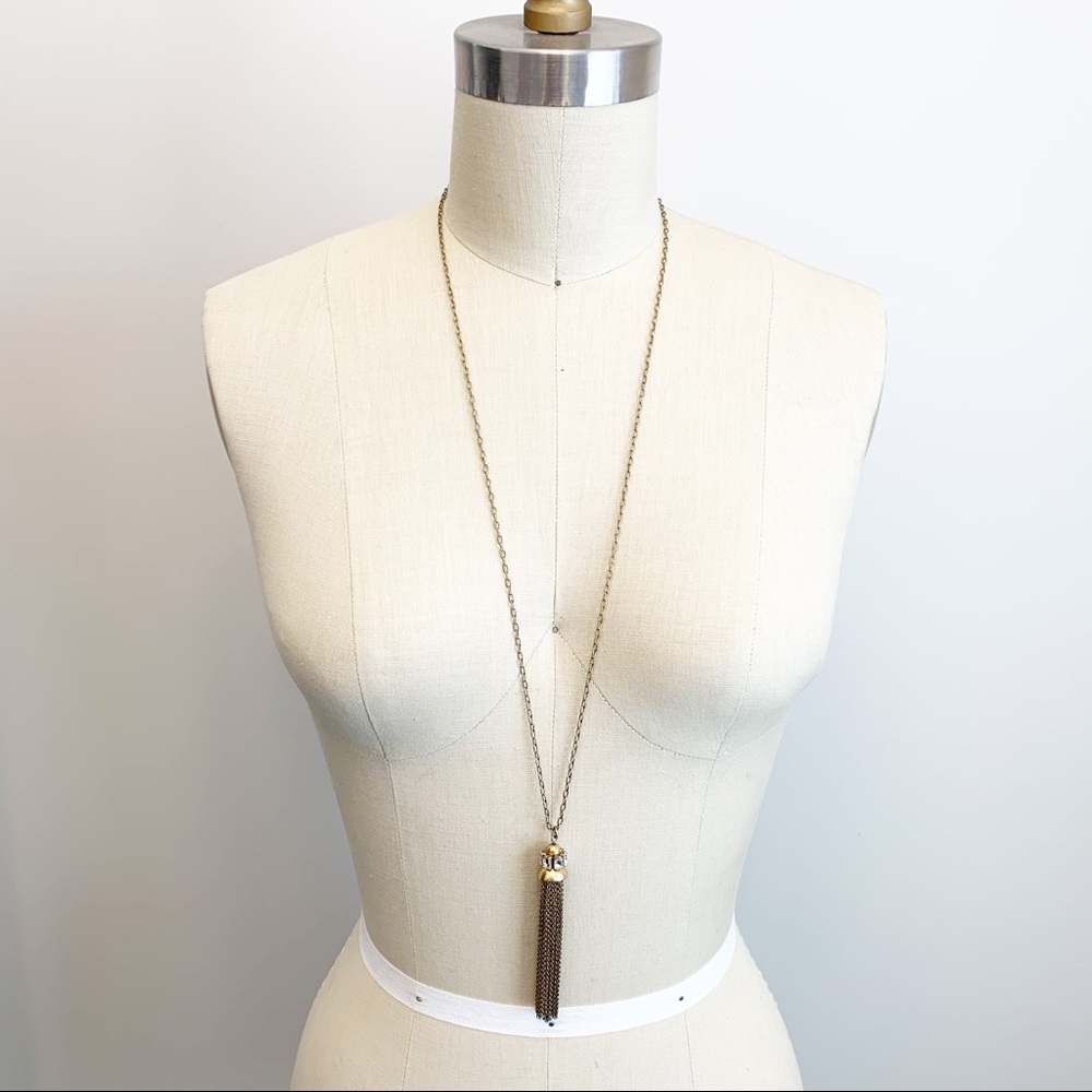 J Crew Long Gold Rhinestone Chain Tassel Necklace